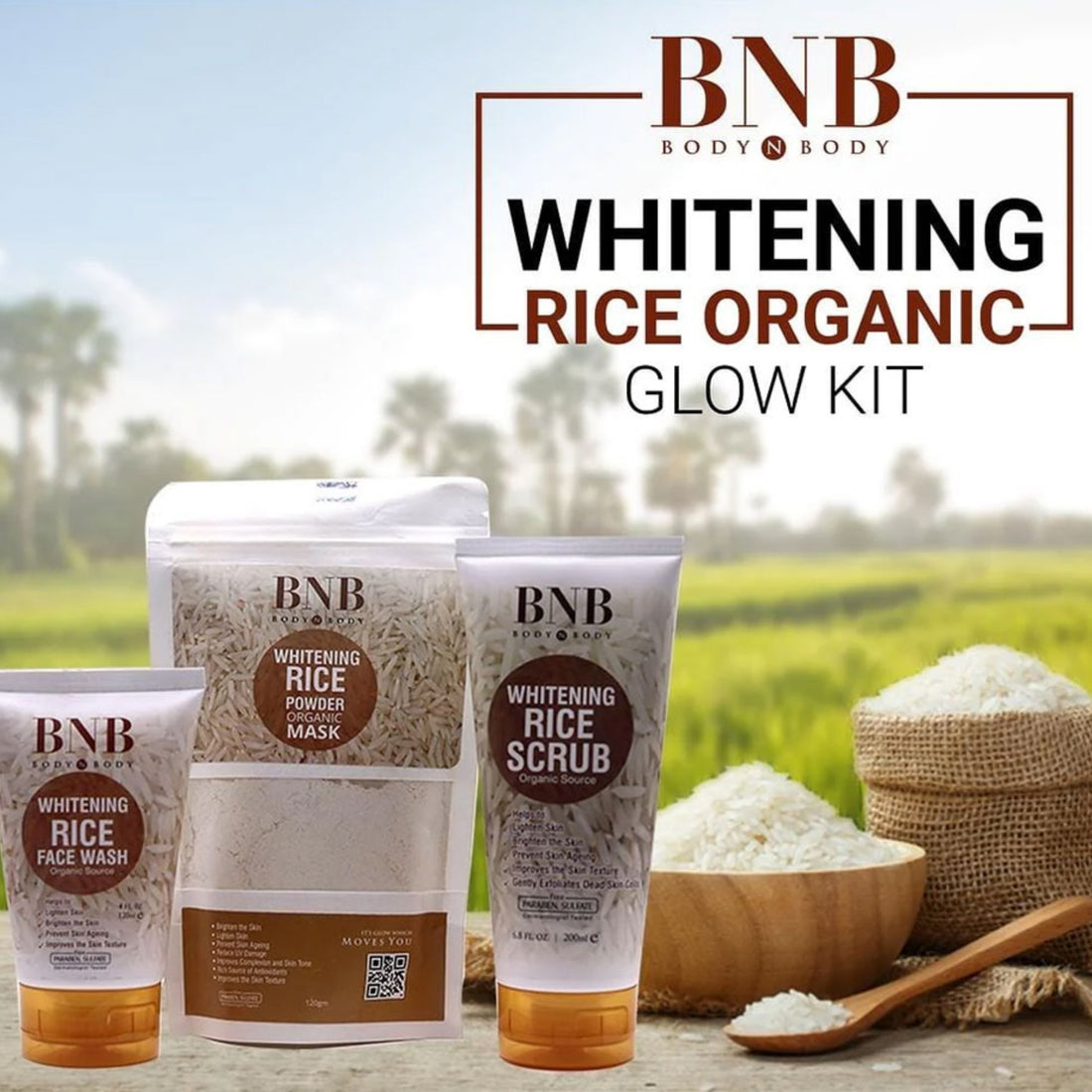 BNB Rice Extract Bright & Glow Kit – 3 in 1 Whitening, Brightening & Glow Facial for Girls and Women